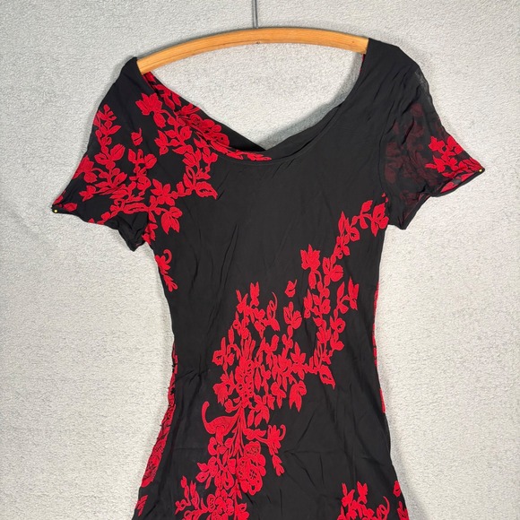Eva Blue Cowl Neck Tiered Dress Sz 14 Black Red Floral Print Stretch Whimsigoth - Picture 7 of 11